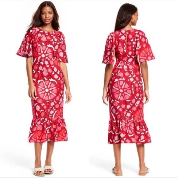 Rhode X Target Women's Zinnia Floral Print Bell Sleeve Midi Dress Red/Pink - Picture 1 of 5